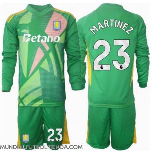 Camiseta Aston Villa Emiliano Martinez #23 Portero Primera Equipación Replica 2024-25 para niños mangas largas (+ Pantalones cortos)